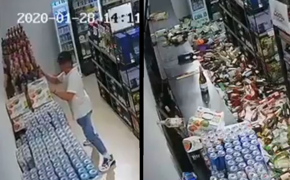 hombre trata de salvar las cervezas en sismo