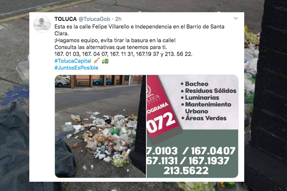 Ayuntamiento de Toluca exhibe la basura que tiras en la calle