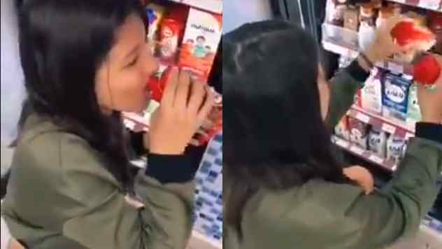 Joven prueba producto en supermercado y lo regresa al refrigerador