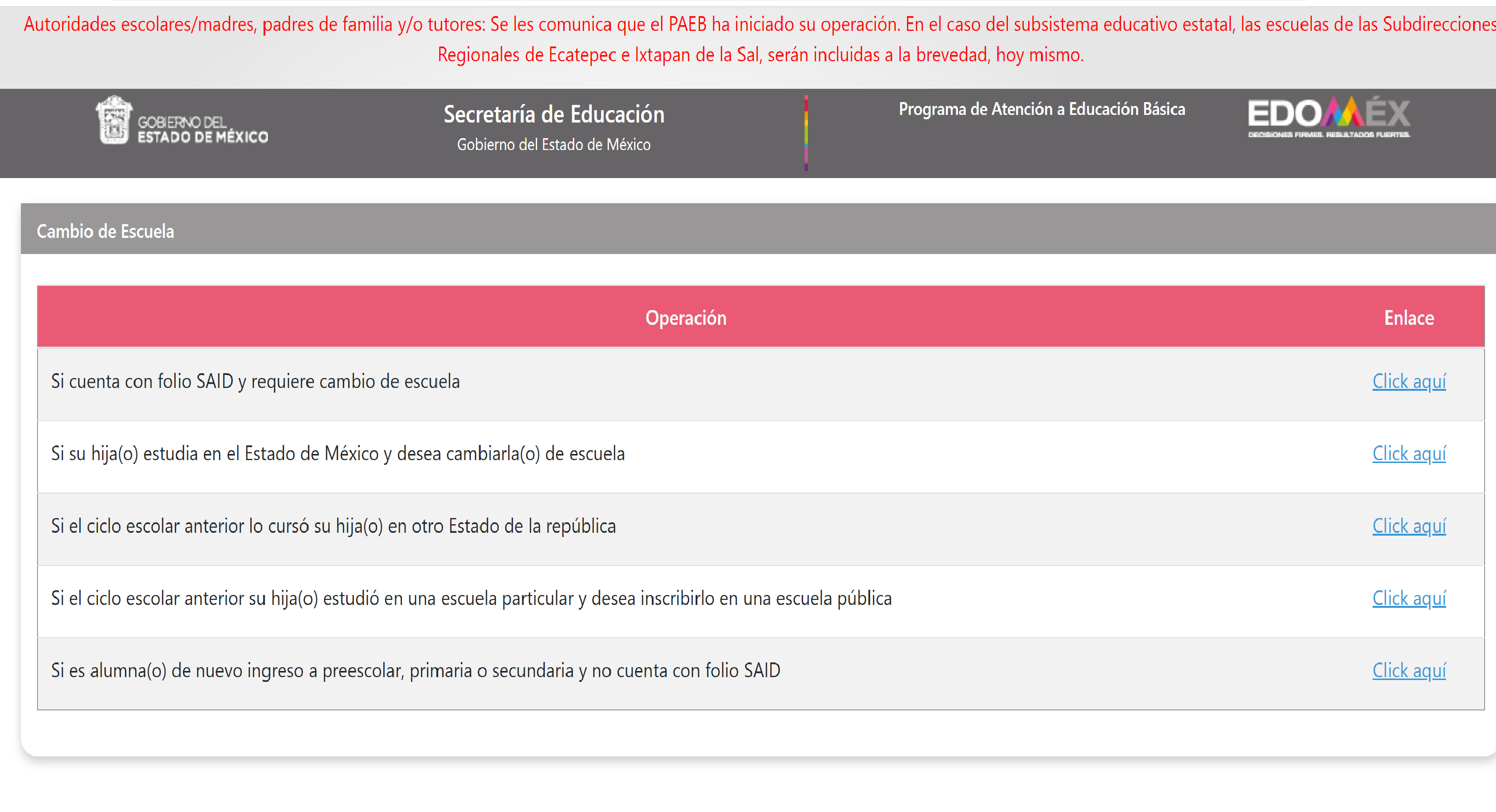 Ya esta nuevamente habilitad el sitio para realizar tu cambio de escuela o turno || PAEB