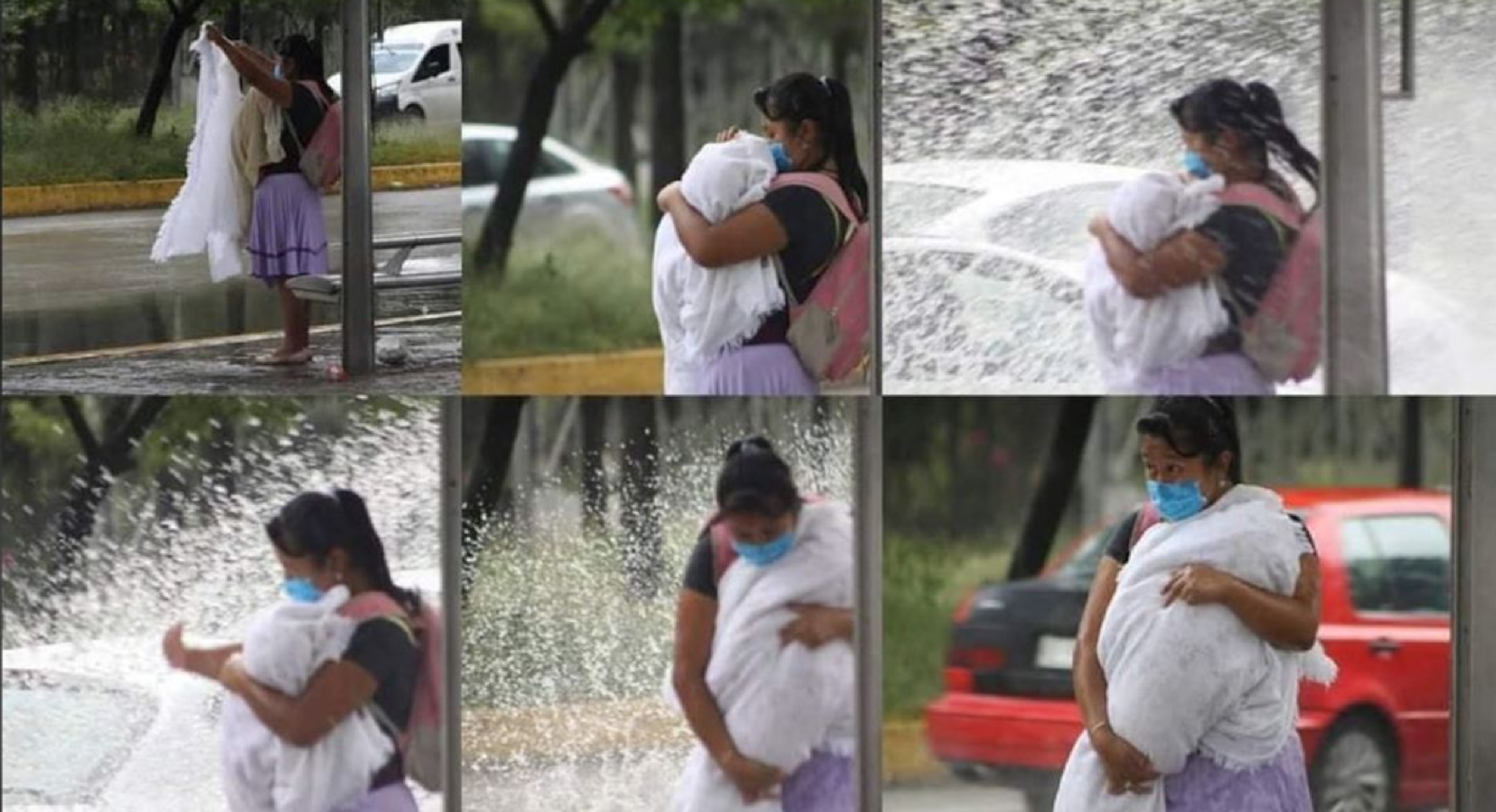 Mujer con bebe en brazos es empapada por automóvil