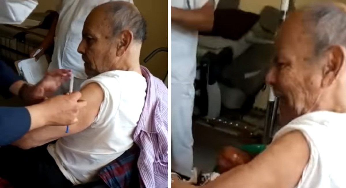 abuelito arremete de forma grosera al ser vacunado y asusta a enfermera, el video se hizo viral en la red social de tiktok