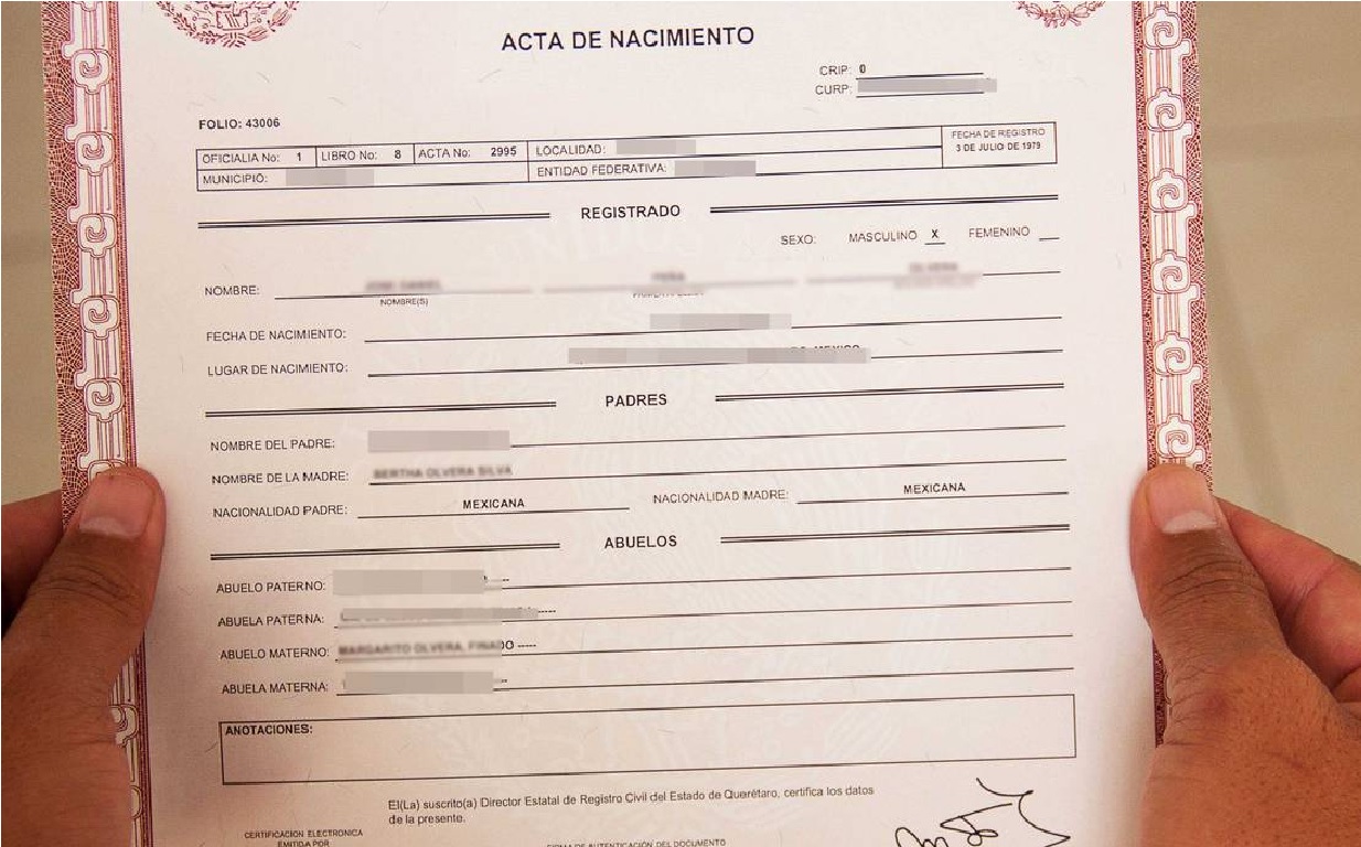 copia certificada del acta de nacmiento
