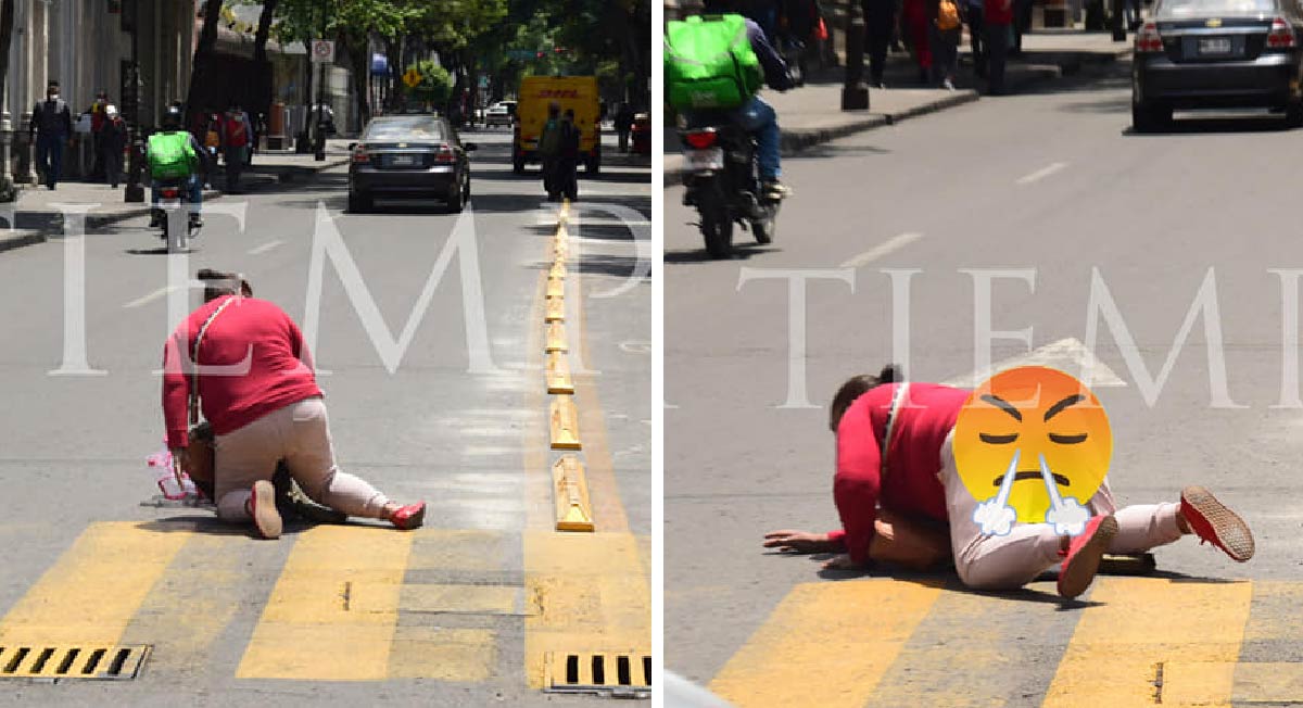 toluqueña tropieza en los nuevos delimitadores de la ciclovía de toluca