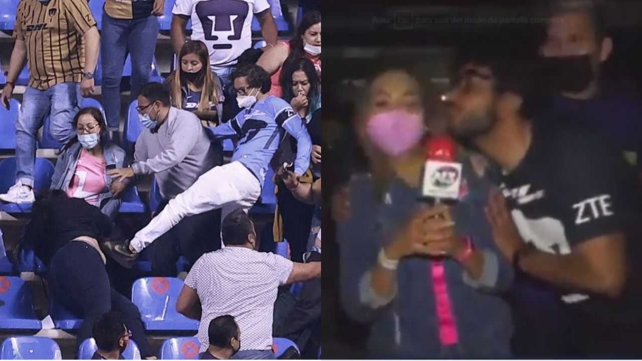 Miitante de morena es identificado por patear a una mujer y reportera es víctima de acoso en el Puebla vs Pumas