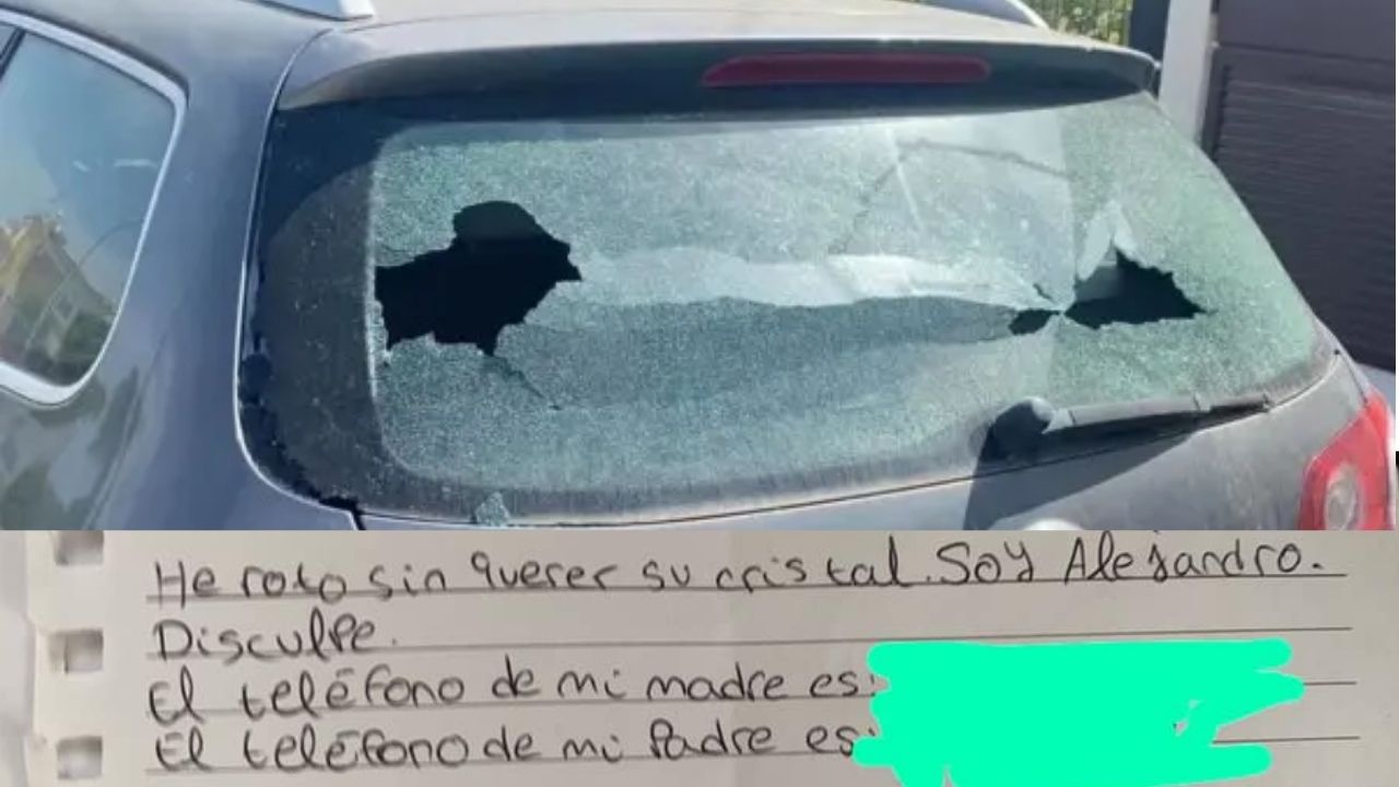 un niño de sevilla se hizo viral por romper el vidrio de un coche y lejos de irse dejó una nota al dueño disculpandose y con el teléfono de sus padres