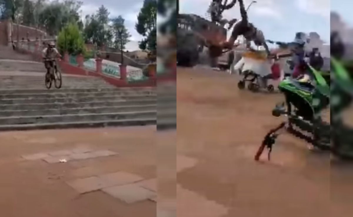 Un ciclista se hizo viral en redes sociales por chocar contra un puesto de chicharrones en el Calvario de Metepec