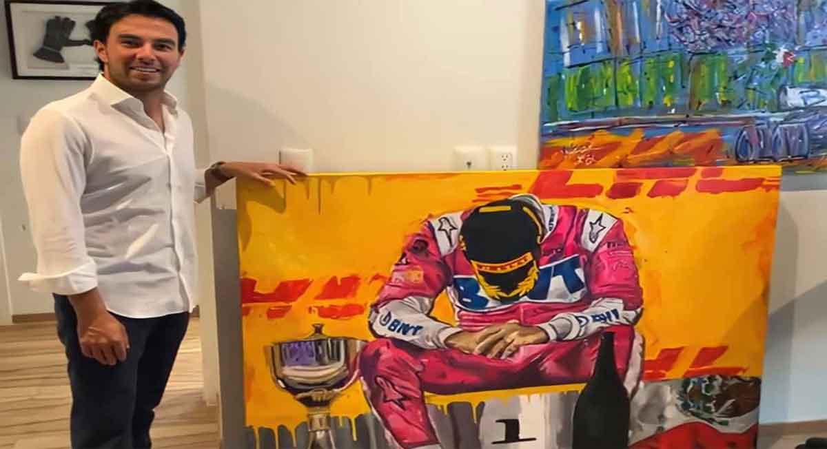 checo pérez recibe pintura de fanática que se hizo viral al pintarlo