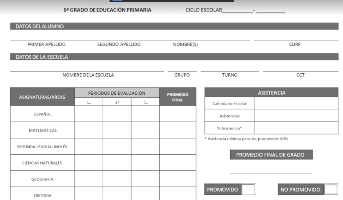 Formato de la boleta de calificaciones para alumnos de 5to grado de primaria