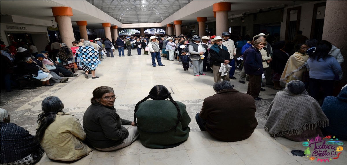 adultos mayores formados en los portales de Toluca para recibir apoyo social