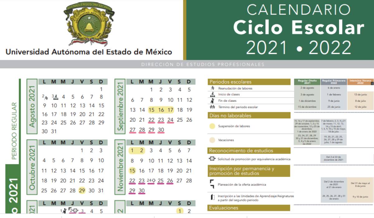 Calendario UAEMex 2021-2022 disponible para imprimir en formato PDF