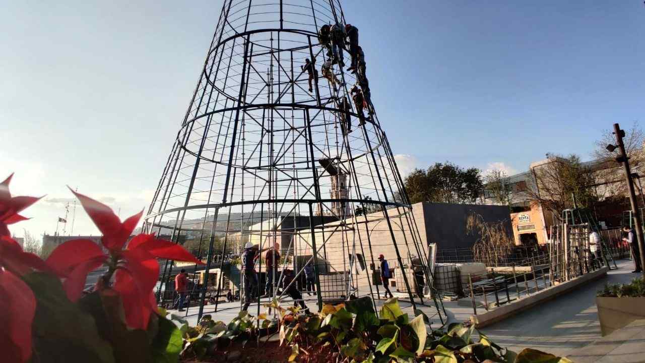 Casi lista la instalación de un árbol de navidad gigante en el centro de Toluca