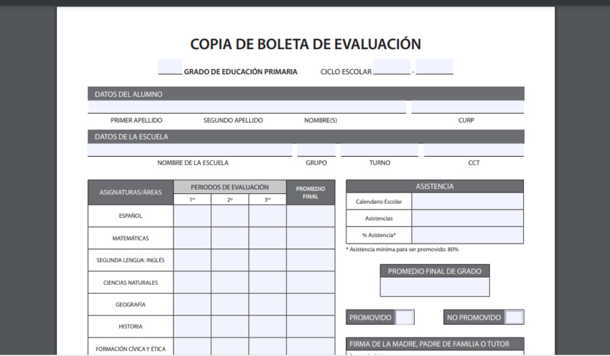Ejemplo de boleta de calificaciones