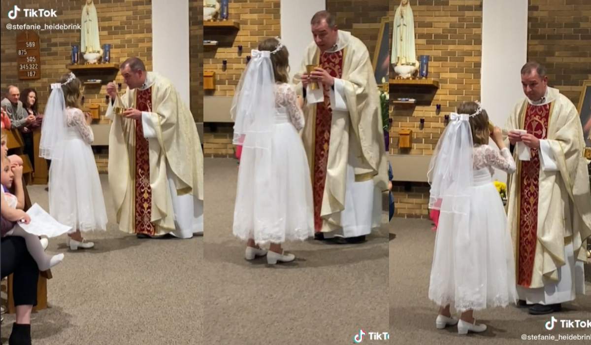 Niña se hace viral por tomarse todo el vino durante su primera comunión 