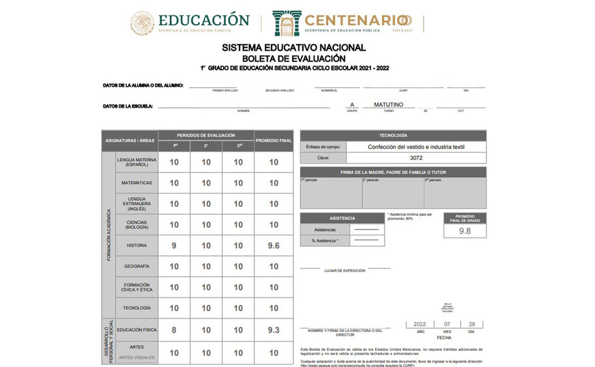 Boleta de calificaciones SEP