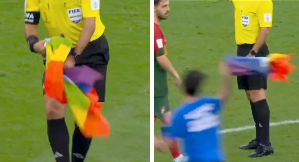 Aficionado invade campo en mundial de Qatar con bandera LGBT+