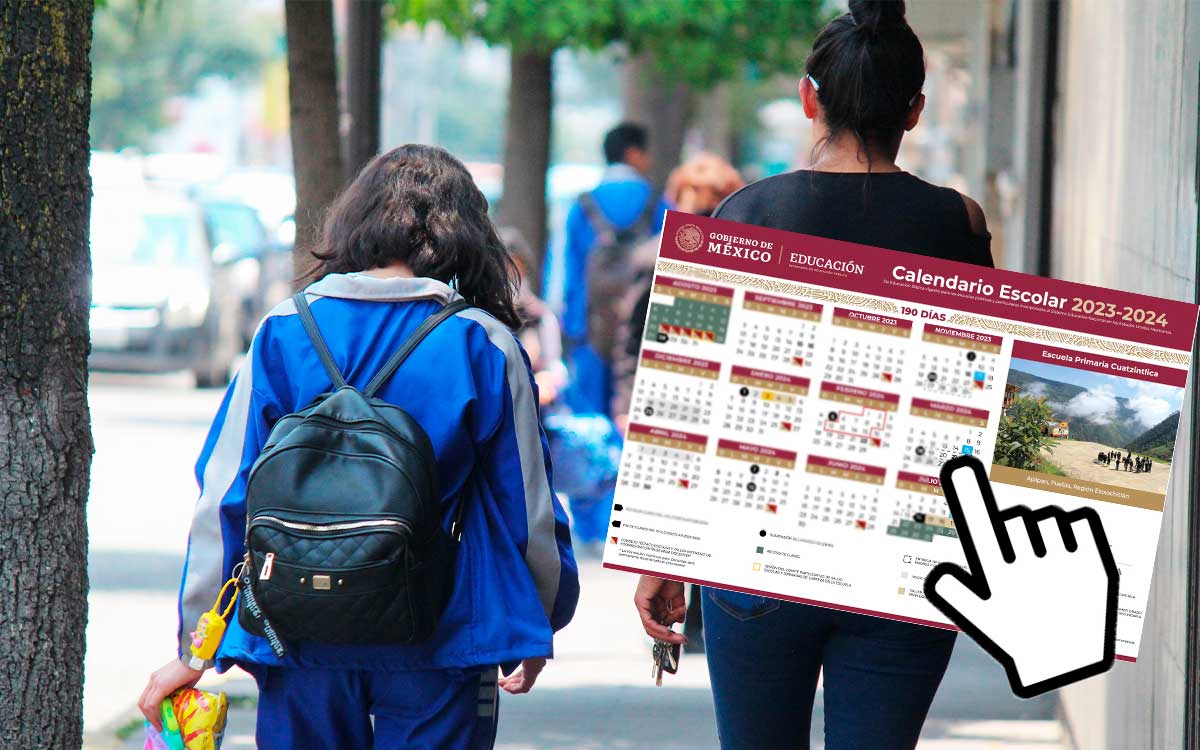 madre de familia revisando calendario del ciclo escolar sep 2023 2024 a nivel basico