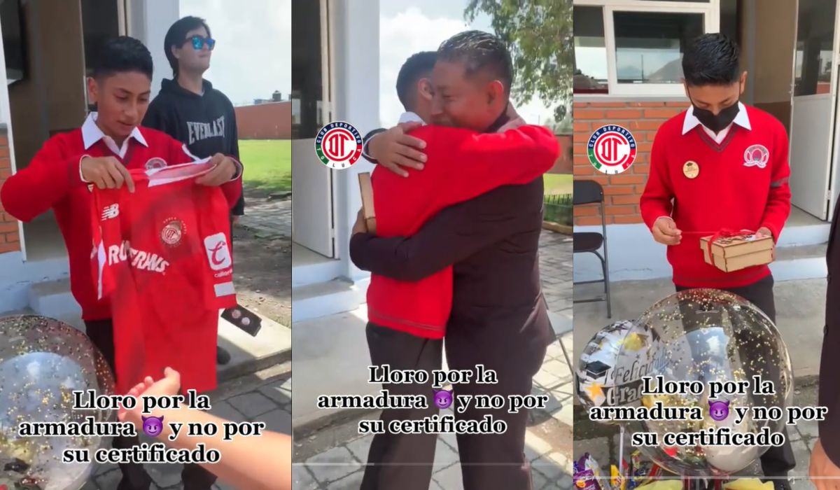 Aficionado llora al recibir la playera del Toluca FC en su graduación