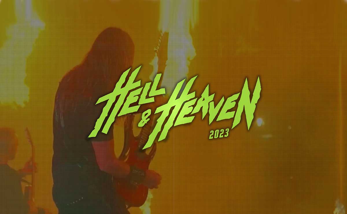 Logo de Hell and Heaven 2023 con fondo de un artista en el escenario.
