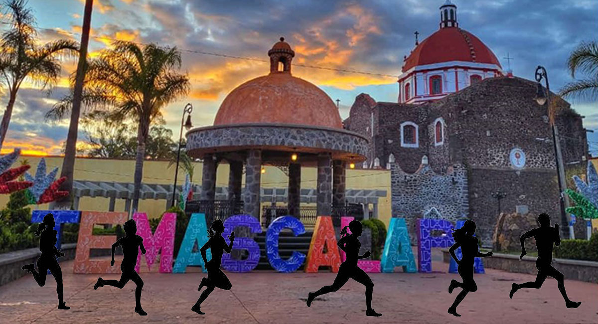 Letras del municipio de Temascalpa y siluetas de personas corriendo